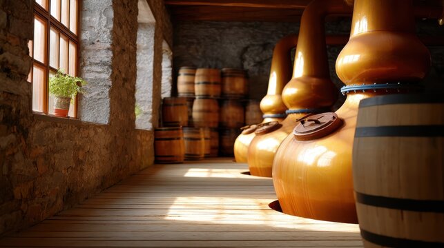 Rustic Whisky Distillery Interior with Copper Pot Stills and Oak Barrels