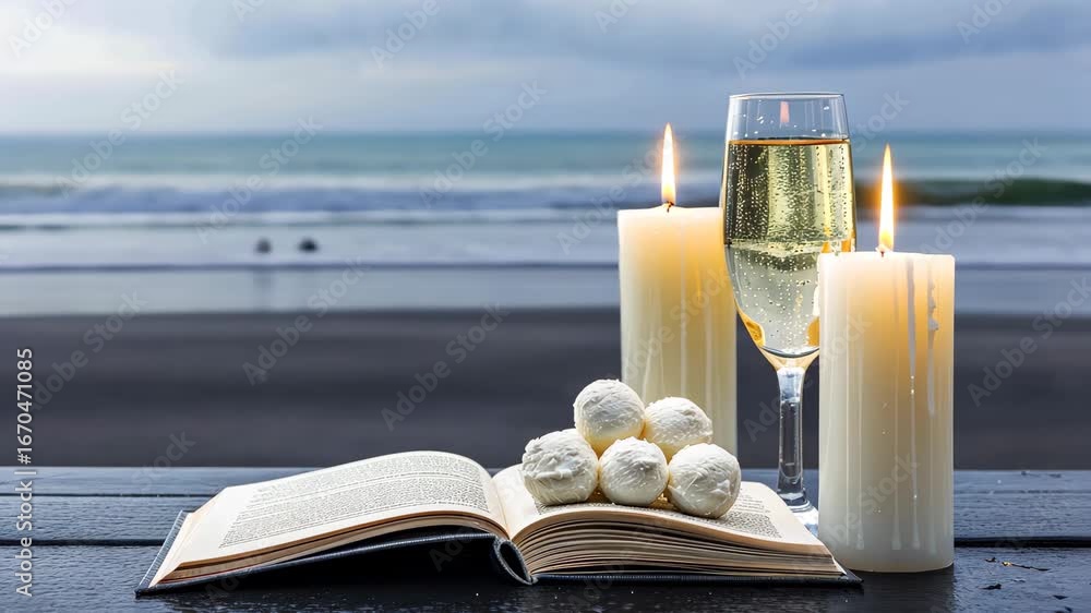 Poster candles flicker softly while a sparkling drink sits beside an open book, creating a tranquil beachsi