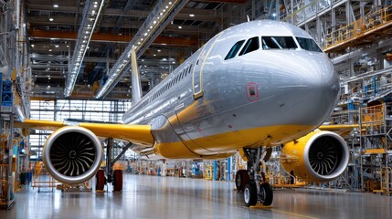 Modern Commercial Jet Airliner in Maintenance Hangar, Aerospace Manufacturing and Engineering