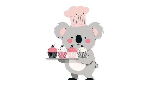 Koala chef serving cupcakes