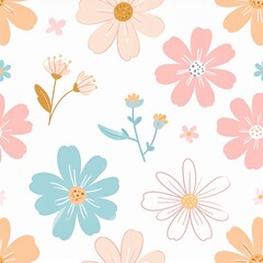 Obraz premium Whimsical HandDrawn Floral Pattern with Soft Pastel and Outline Blooms.