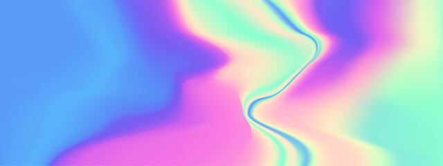 Iridescent gradient hologram with pink blue foil effect and abstract chrome texture. 90s neon pattern cosmic wave design kawaii background. Pearlescent pop art rainbow for modern prints.