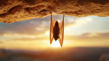 Bat cave hanging blurred background sunset silhouette wing mammal Bat hanging cave with blurred