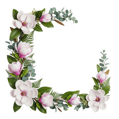 Naklejka premium Magnolia flower and eucalyptus leaf corner frame isolated on transparent background