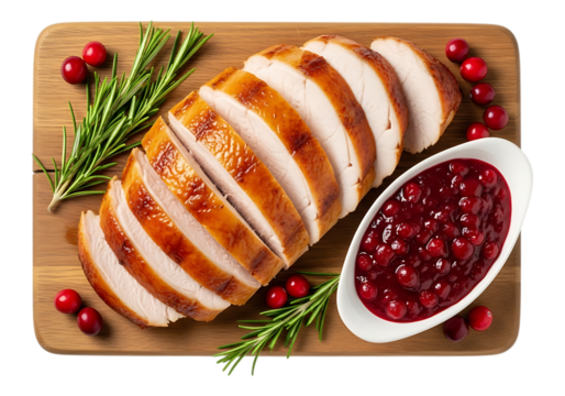 Delicious sliced roasted turkey breast with cranberry sauce and rosemary isolated on transparent background
