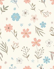 Gentle HandDrawn Wildflower Pattern in Pastel Pink Blue and Sage.