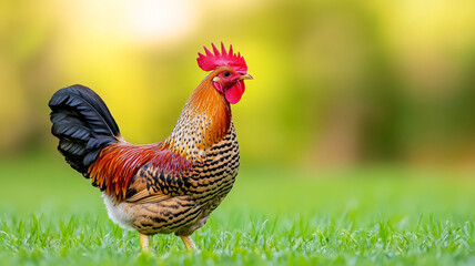 Colorful rooster standing on green grass with blurred background, vibrant and alert expression