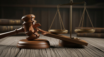 Realistic symbolic justice scene showing broken gavel and tilted balance scale, symbolizing corruption.
