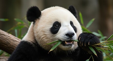 Obraz premium Giant panda enjoying a meal of bamboo in its natural habitat, close-up shot