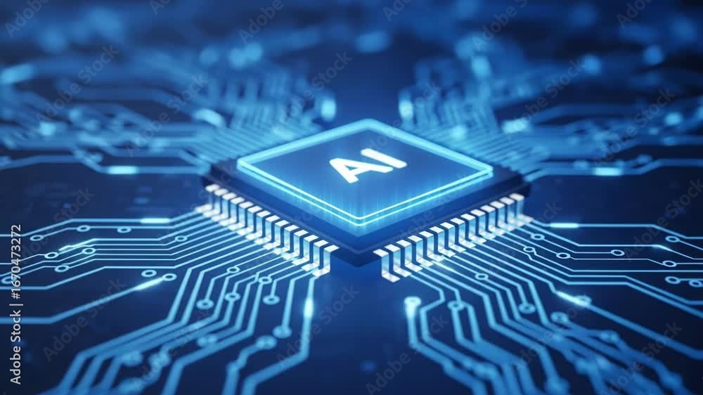 Poster closeup of a computer processor chip with the letters ai glowing blue on a circuit board