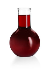 Round flask with red liquid isolated on white