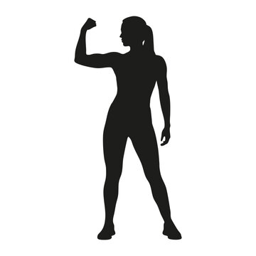 Silhouette of strong woman flexing biceps showing her power