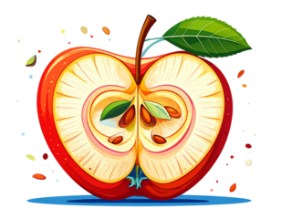 Green Apple Half with Crisp Texture and Leaf, Isolated Transparent Background PNG