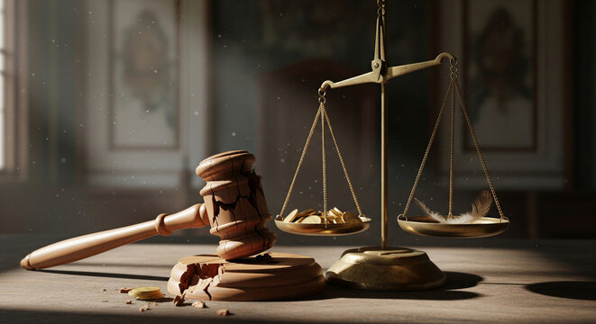 Realistic symbolic justice scene showing broken gavel and tilted balance scale, symbolizing corruption.