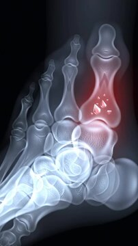 3D animation of a gout attack, showing uric acid crystals in the big toe joint.