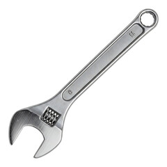 Obraz premium Modern open end steel wrench isolated on white background, shiny silver spanner tool for construction mechanical and repair purposes
