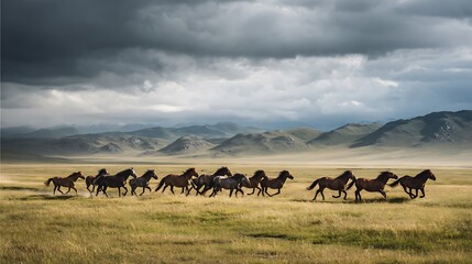 Fototapeta premium Wild Horses Running Free: A majestic herd of wild horses gallops across the expansive grasslands, a testament to their untamed spirit, set against a dramatic sky and distant mountain range.