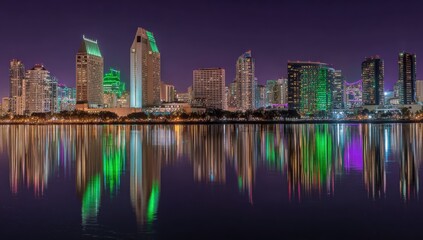 Obraz premium Panoramic view of a city skyline at night, reflected in a calm body of water