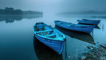 Naklejka premium Misty morning on a tranquil lake with three blue boats
