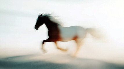 Galloping blurred horse grey background
