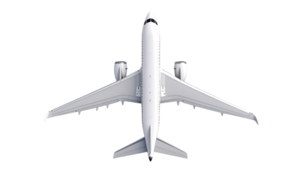 Aerial Passenger Jet: A high-angle, studio shot showcases a passenger jet poised mid-flight, capturing its sleek, modern design and intricate engineering from above.