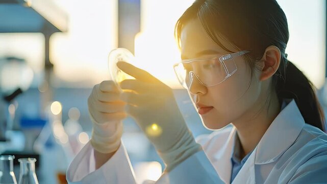 Young Asian scientist examines petri dish in bright laboratory, wearing glasses and gloves