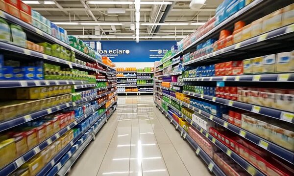 Aisle view in a brightly lit supermarket with shelves stocked full of various packaged goods items