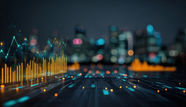 Abstract cityscape with digital data overlays.  Night city view