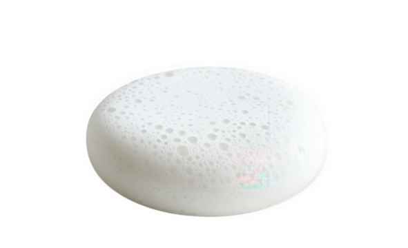 White round soap bar with foam and bubbles isolated on transparent background
