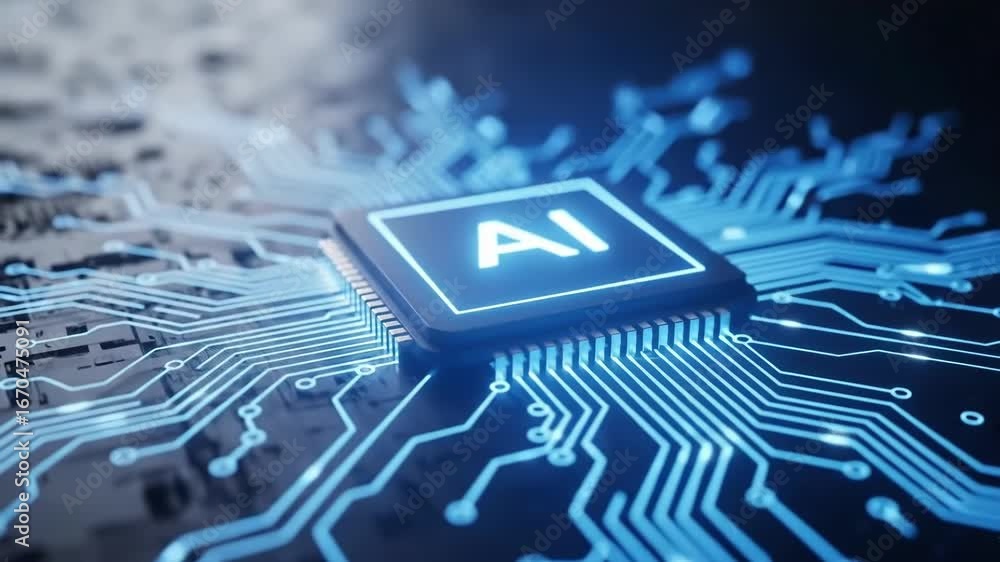 Poster closeup of a glowing blue ai chip on a circuit board, representing artificial intelligence and advan