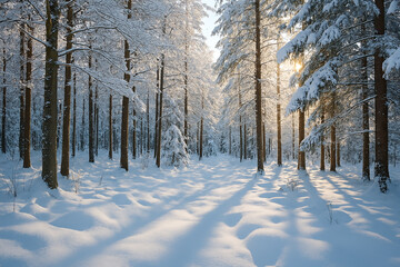 Fototapeta premium Sunlight streams through snow covered pine trees in a serene winter forest landscape