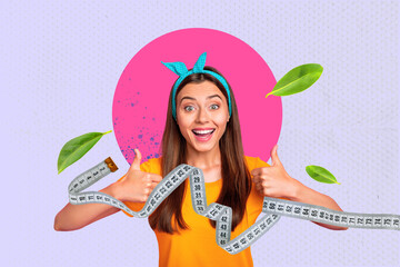 Collage of cheerful woman with fruits juice vegs measuring tape representing energy dieting body...