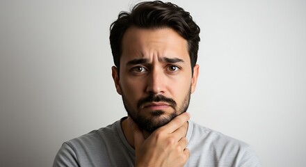 Fototapeta premium Pensive bearded man with concerned expression contemplating complex dilemma earnestly