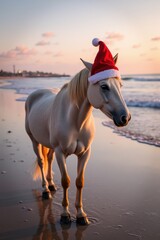 A horse wearing a red Christmas hat stands on the wet sand near the sea, staring into the horizon. The sky is filled with soft pastel sunset colors and gentle waves