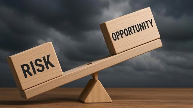 Risk and opportunity on wooden balance scale