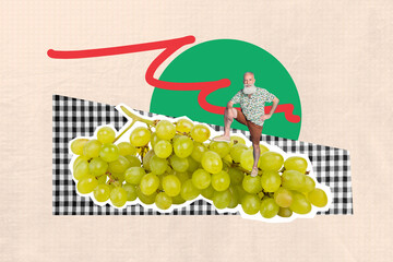 3D collage trend artwork composite sketch poster of silhouette grape fruit nutrition calories...