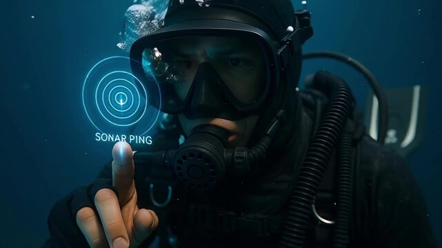 Underwater diver touching sonar ping interface