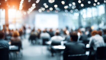 Blurred view of a large conference hall filled with attendees