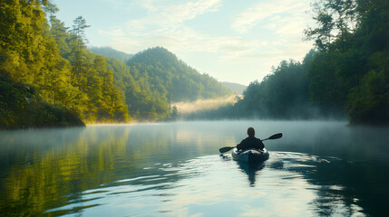 A peaceful scene of kayaking in the misty morning on a serene lake, surrounded by lush green hills