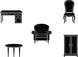 Furniture silhouette set, desk, chair, table, armchair, cabinet, black vector icons, interior decor, CAD drawing flat vector illustration