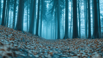 A narrow pathway leads through fog covered woods, surrounded by towering trees and fallen leaves