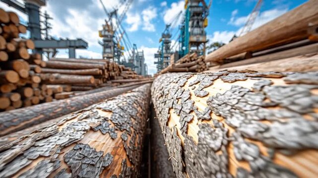 Timber log stack at industrial port with crane