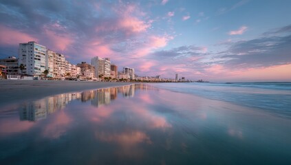 Fototapeta premium Calm beach at sunset with mirrored city skyline