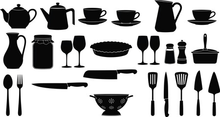 Kitchen utensil silhouette set, teapots, cups, knives, spatulas, wine glasses, cookware, black vector icons, CAD drawing flat vector illustration