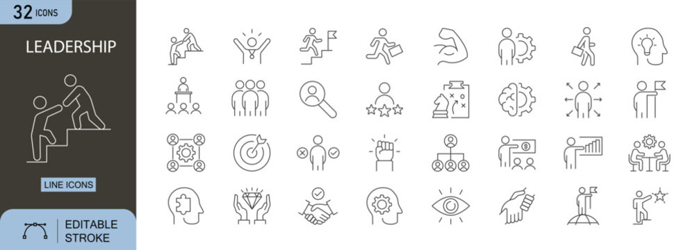 Leadership icons set. Includes icons for leader, vision, guidance, teamwork, motivation, and decision-making. Editable stroke. Line icons. Perfect for infographics.