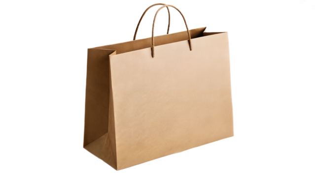 A simple brown paper shopping bag with rope handles on a black background