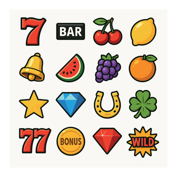 Colorful casino slot machine icons featuring fruits and symbols