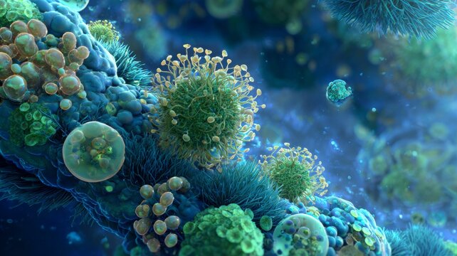 microscopic view of bacteria and microorganisms under magnification, abstract scientific background with glowing cells and microbiology research concept illustration