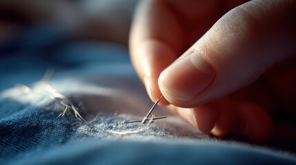 Close Up Hand Sewing Needle Stitching Fabric in Detail for Tailoring and Textile Crafting