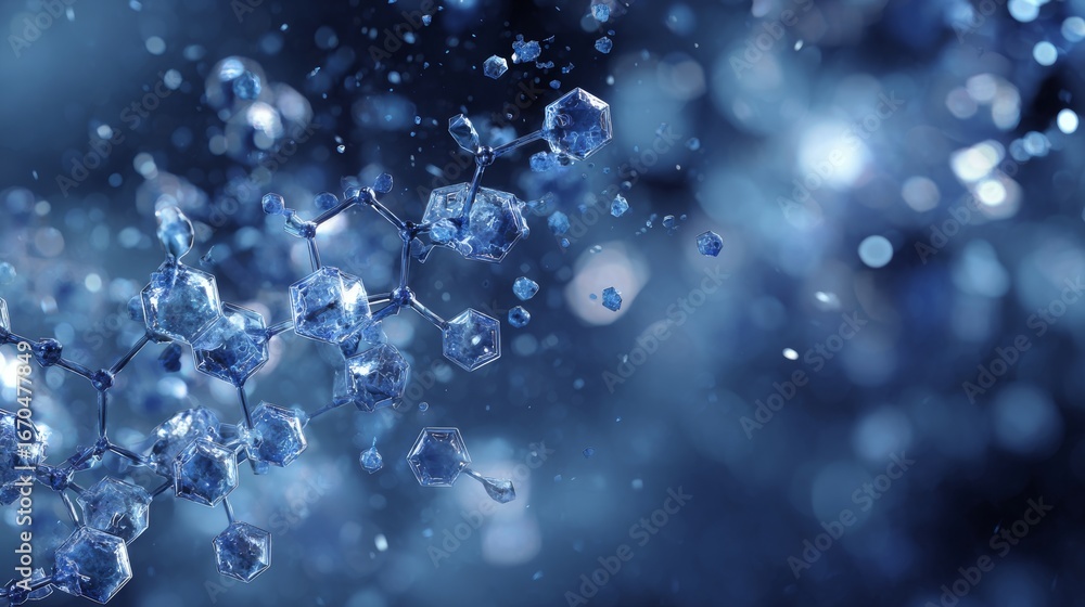 Poster abstract blue science background with glowing molecular structures, digital dna strands, neural netw